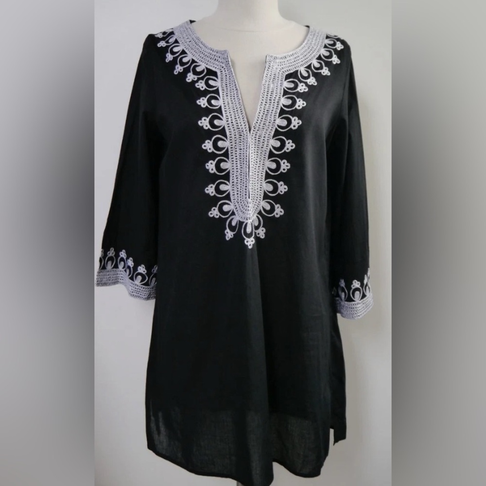 CALYPSO St Barth black cotton silver embroidered long tunic top dress size XS